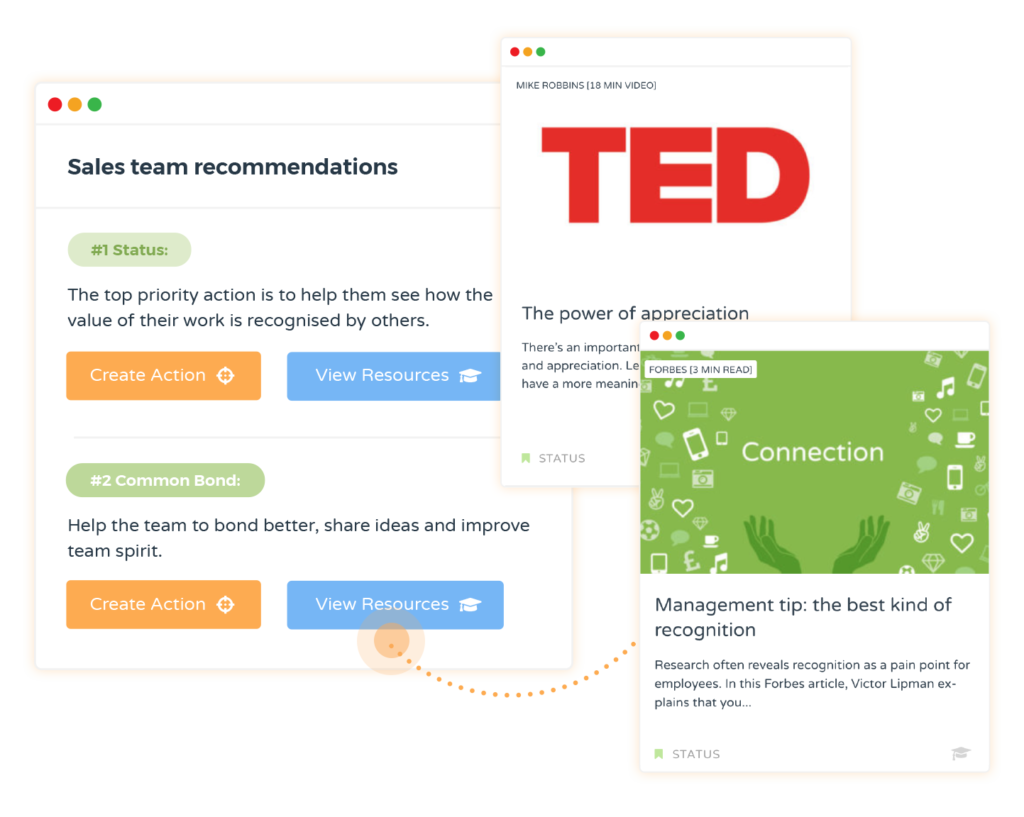 Sales team manager recommendations and learning content